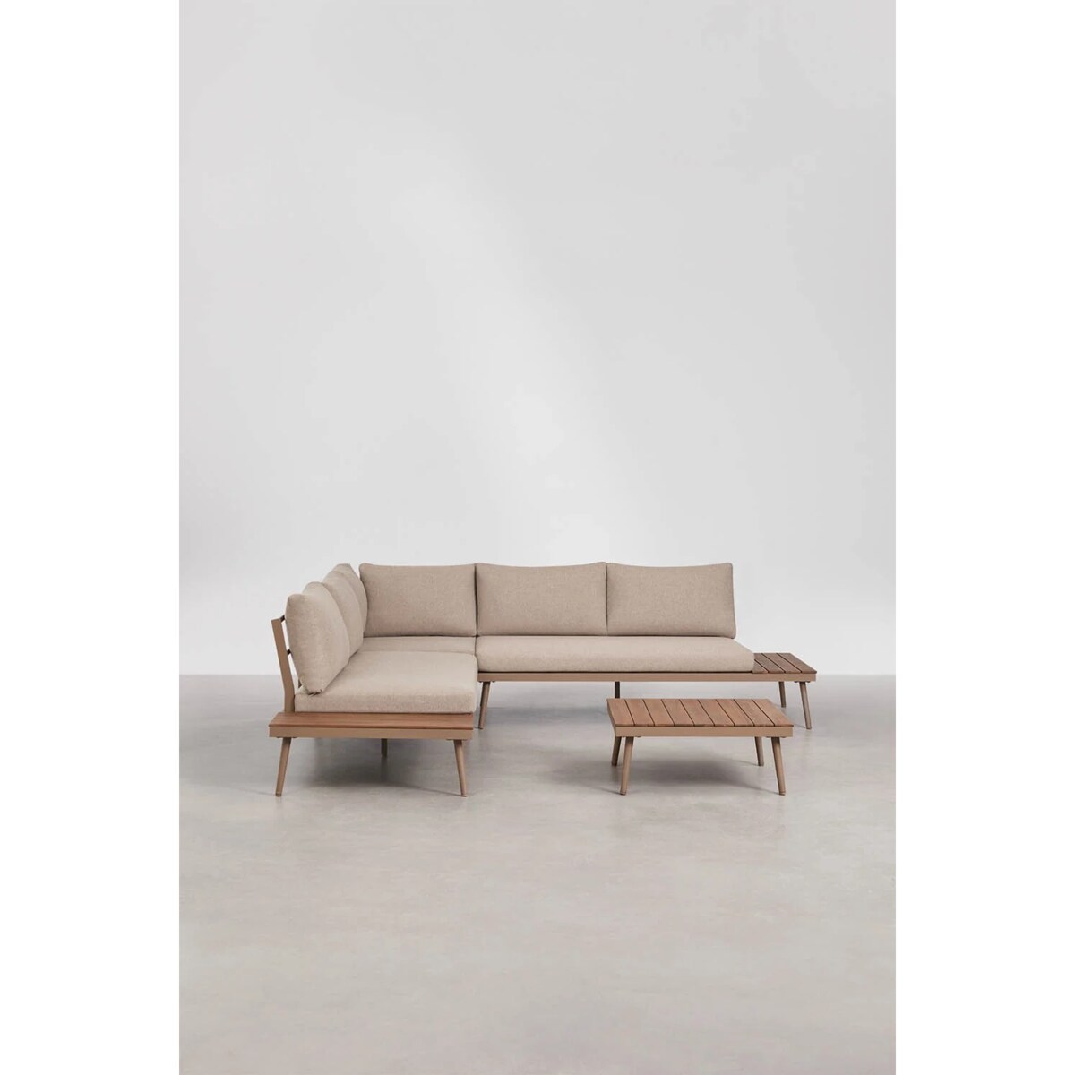 Zestaw ogrodowy: sofa narożna, stolik kawowy z aluminium i akacji, Kalen, mokka