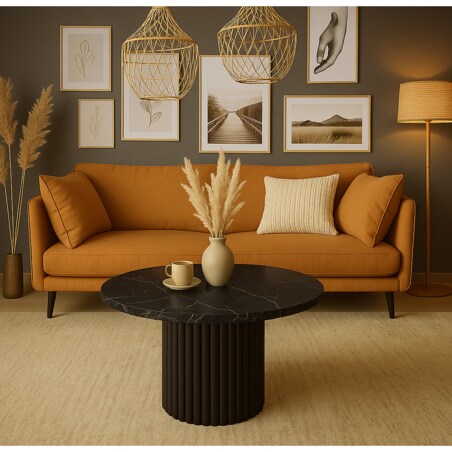 Okrągły stokil kawowy Riko 90cm ryflowana podstawa-czarny marmur