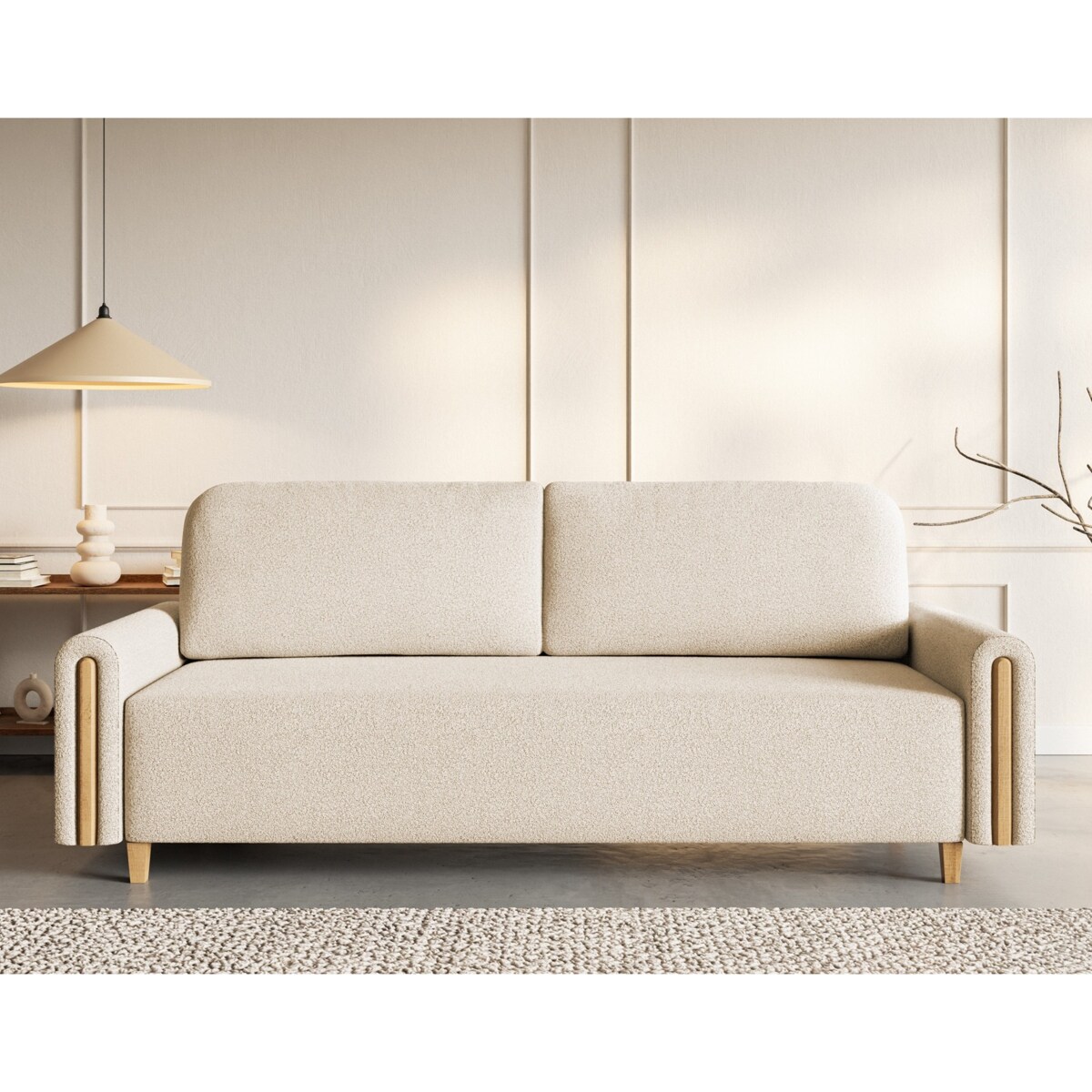 Elegancka kanapa MODERN z funkcją spania - beżowa + drewno