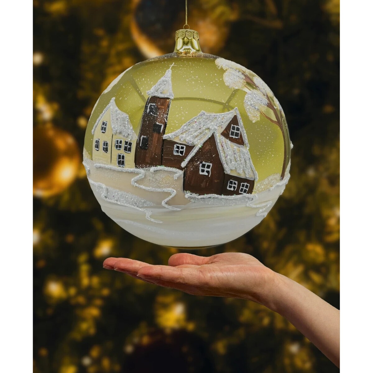 Bombka okrągła duża: Zimowe miasteczko z bałwanem