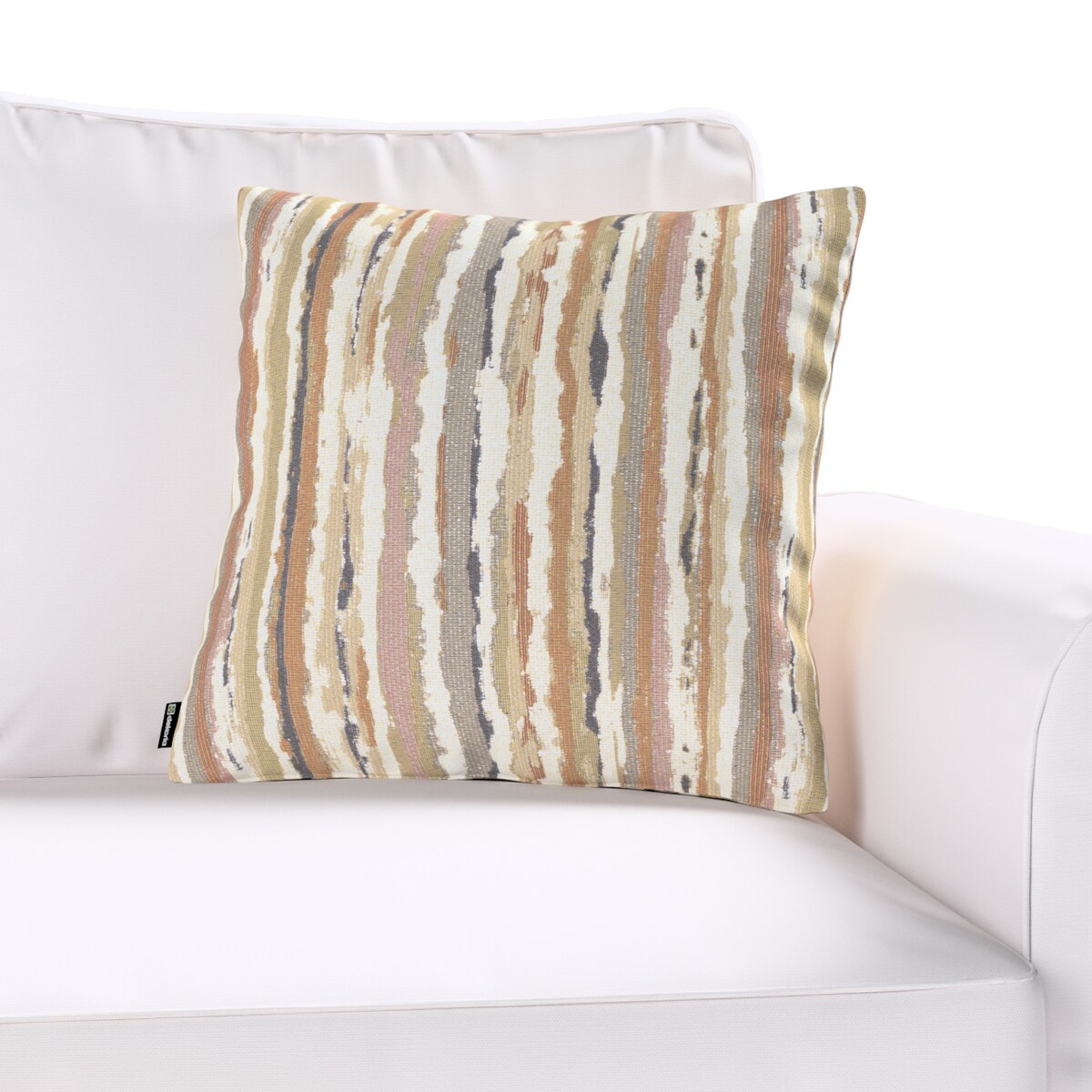 Poszewka Kinga na poduszkę 43x43 oliwkowo-pomarańczowe pasy na kremowym tle