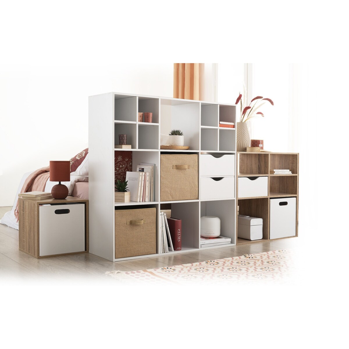 Półka dekoracyjna stojąca, prostokątna, biała, 6 przegród, 68 cm x 100,5 cm