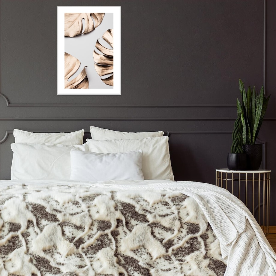 Poster Story, Plakat, Obraz - Złota Monstera na Szarym Tle, wymiary 42 x 60 cm