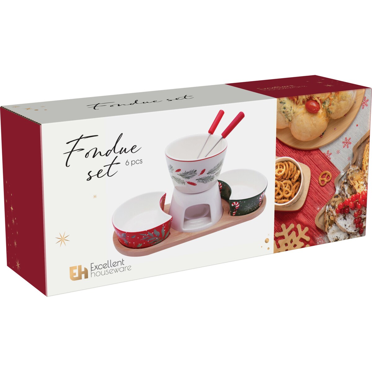 Zestaw do fondue porcelanowy z tacą bambusową, taca 21 x 12 cm