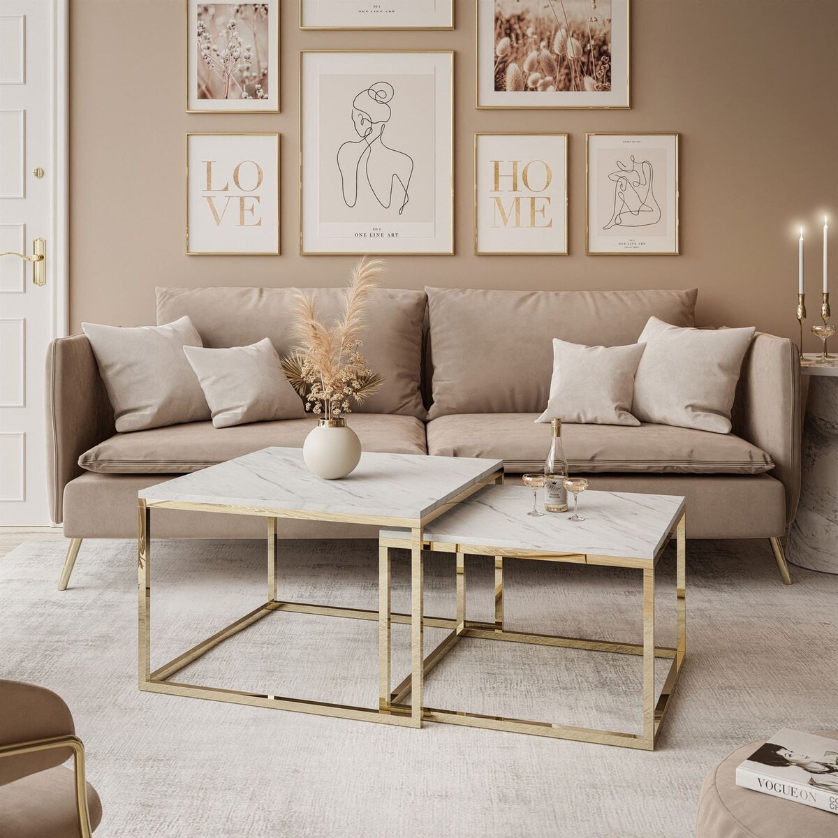 Stolik kawowy 2w1 YOSHI złoty chrom marmur levanto