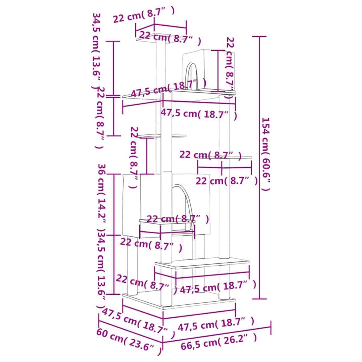 vidaXL Drapak dla kota z sizalowymi słupkami, ciemnoszary, 154 cm