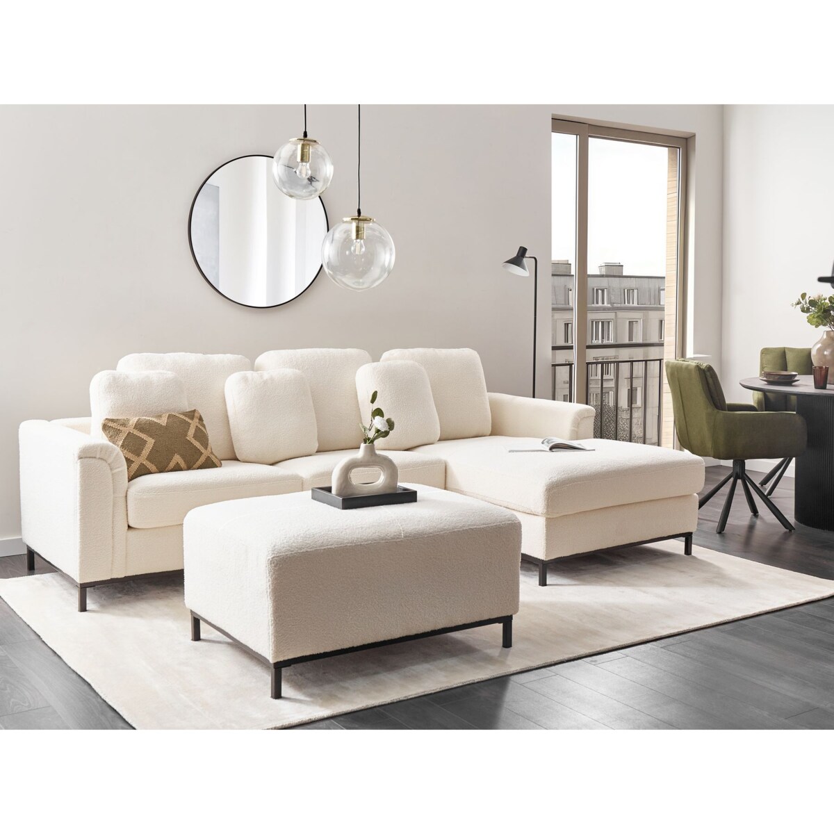 Sofa narożna lewostronna z otomaną OSLO Biały Boucle dla 5 osób Lewostronny
