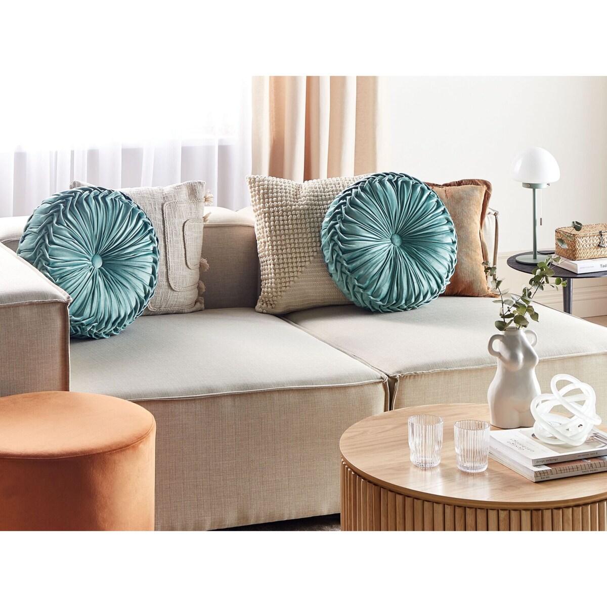 2 welurowe poduszki dekoracyjne z plisami ⌀ 40 cm lazurowe UDALA