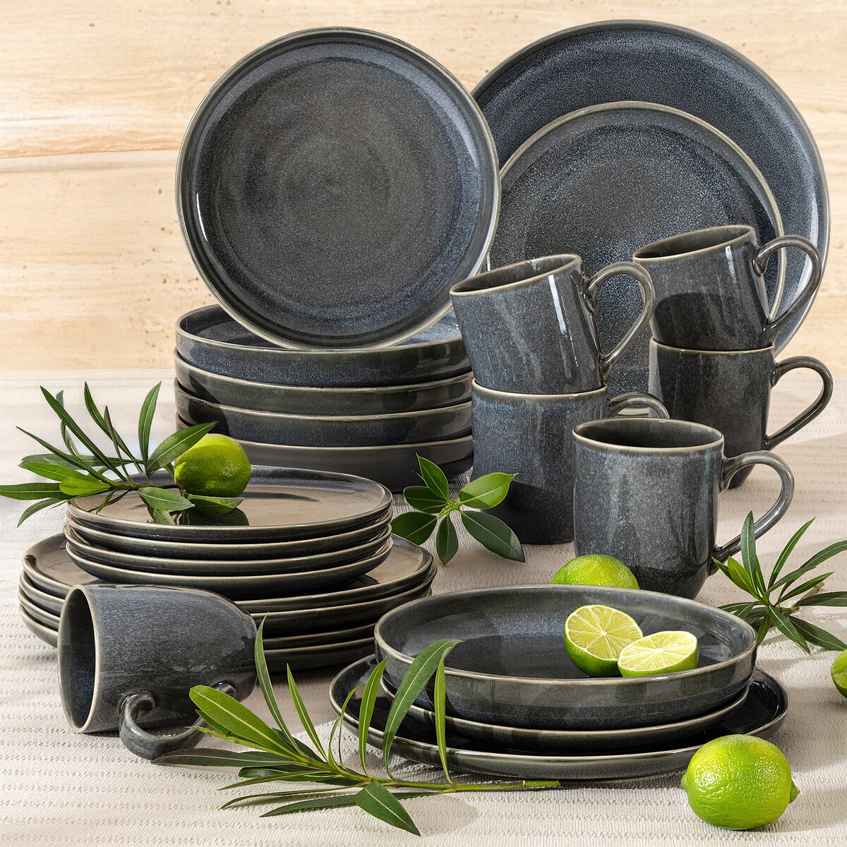 EDA Zestaw obiadowy 6 os. (24 el.), niebieski/szary/beżowy