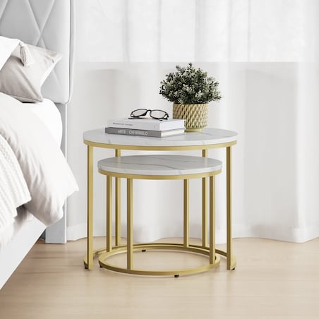 Stolik Kawowy Okrągły 2Szt Marmur, Złoty