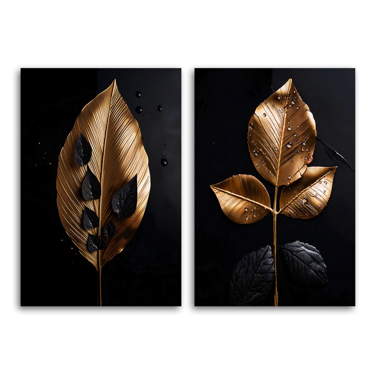 Feeby Zestaw 2 obrazów do salonu sypialni łazienki spa biura Złote Liście Glamour Czarny 120x90 (2x60x90)