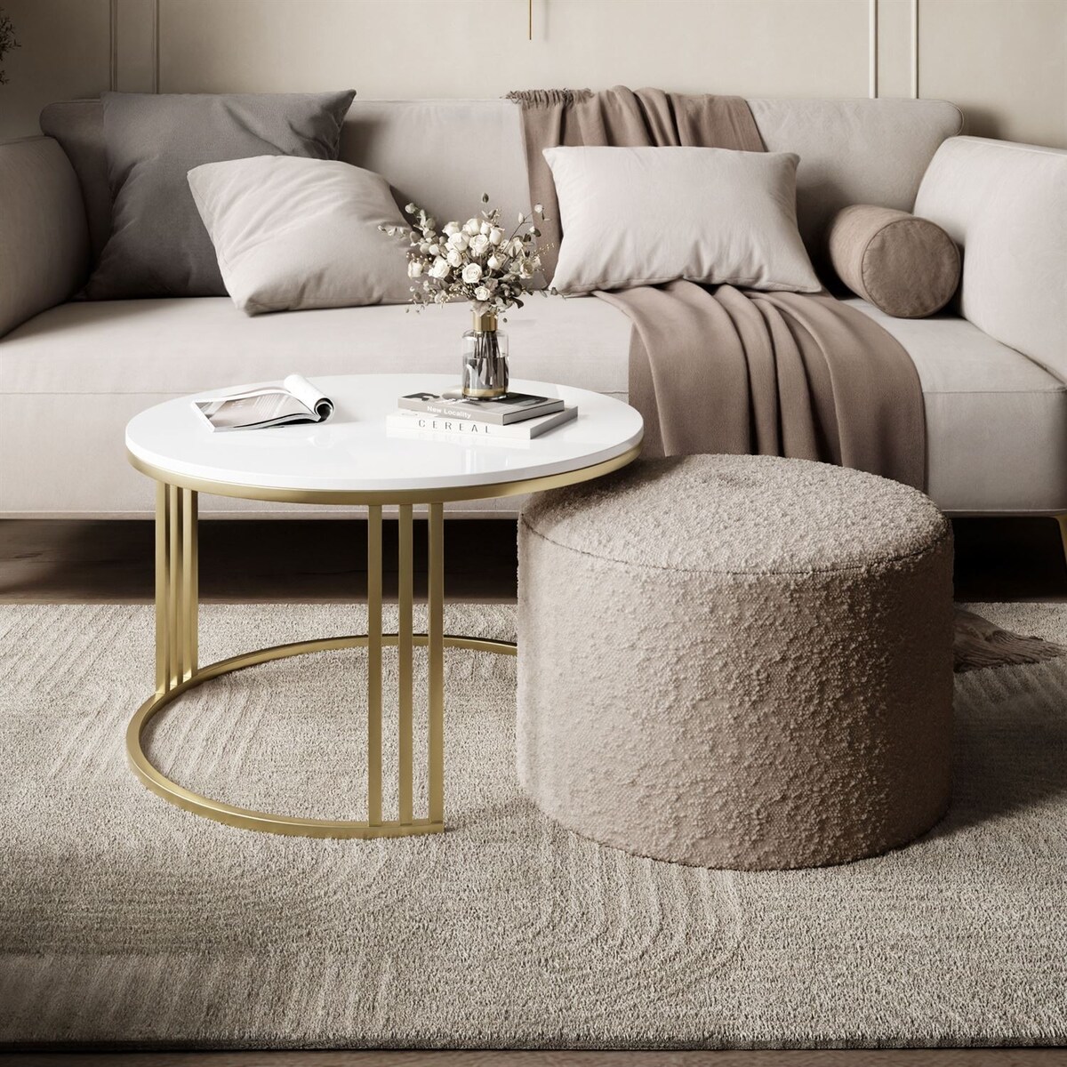 Stolik kawowy z pufą LORI POŁYSK złoto szczotkowane, biały / Coral 50