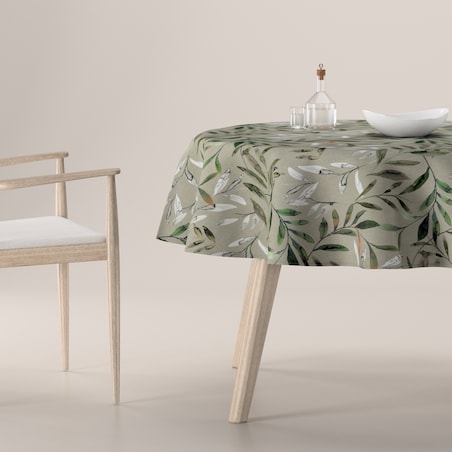 Obrus okrągły 130 x 130 cm zielone gałązki na szarym tle