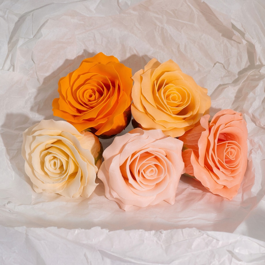 BOX pudełko z KWIATAMI MYDLANYMI 25szt RÓŻA 5 warstwowa odcienie pomarańczo