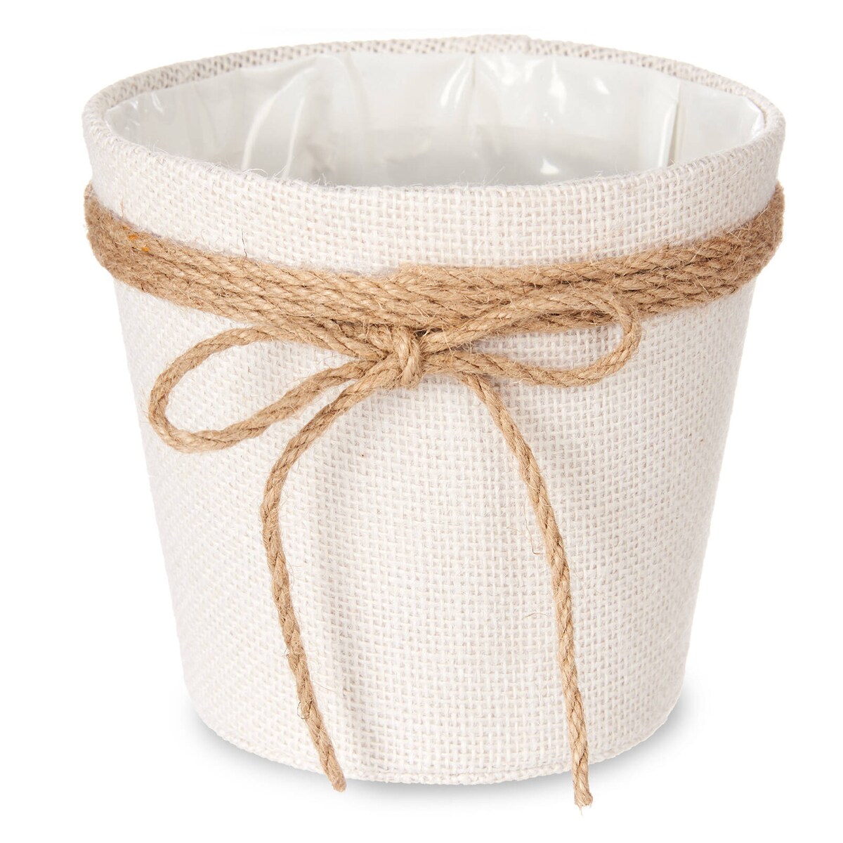 Osłonka na doniczkę pleciona z jutową kokardą, 16 x 15 cm