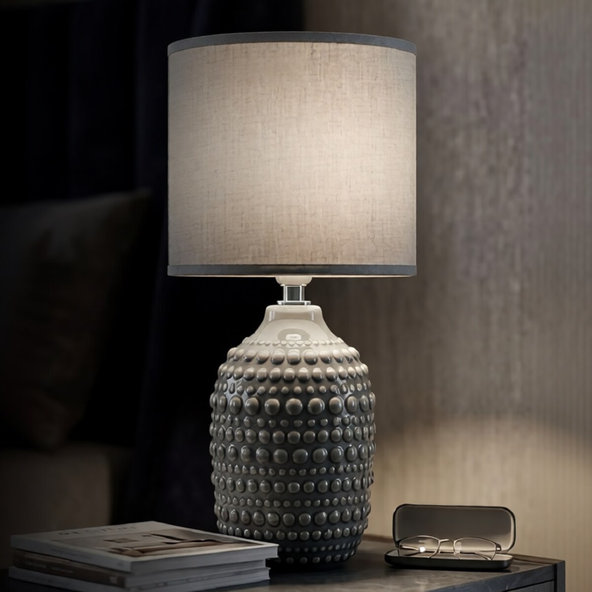 Lampa stołowa Points, kolor szary, ceramika, żelazo i tkanina, 15 x 15 x 30,5 cm, 1 x E14, styl nowoczesny, do salonu i sypialni, Mauro Ferretti