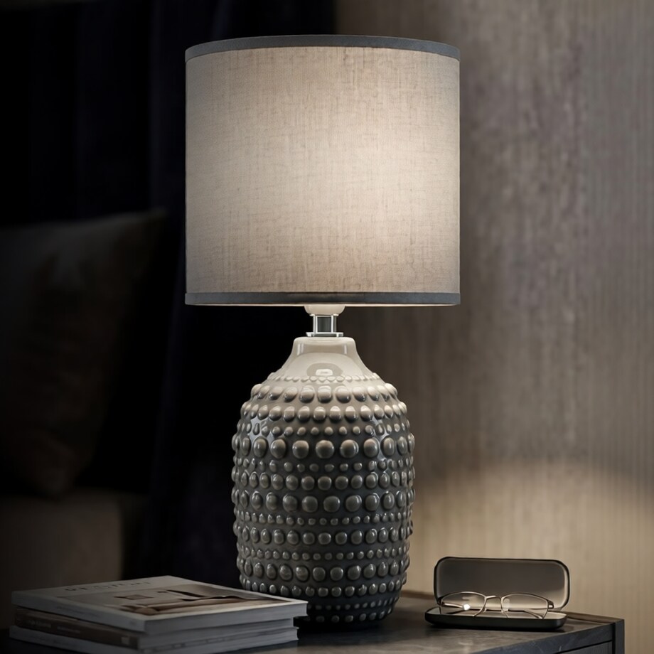 Lampa stołowa Points, kolor szary, ceramika, żelazo i tkanina, 15 x 15 x 30,5 cm, 1 x E14, styl nowoczesny, do salonu i sypialni, Mauro Ferretti