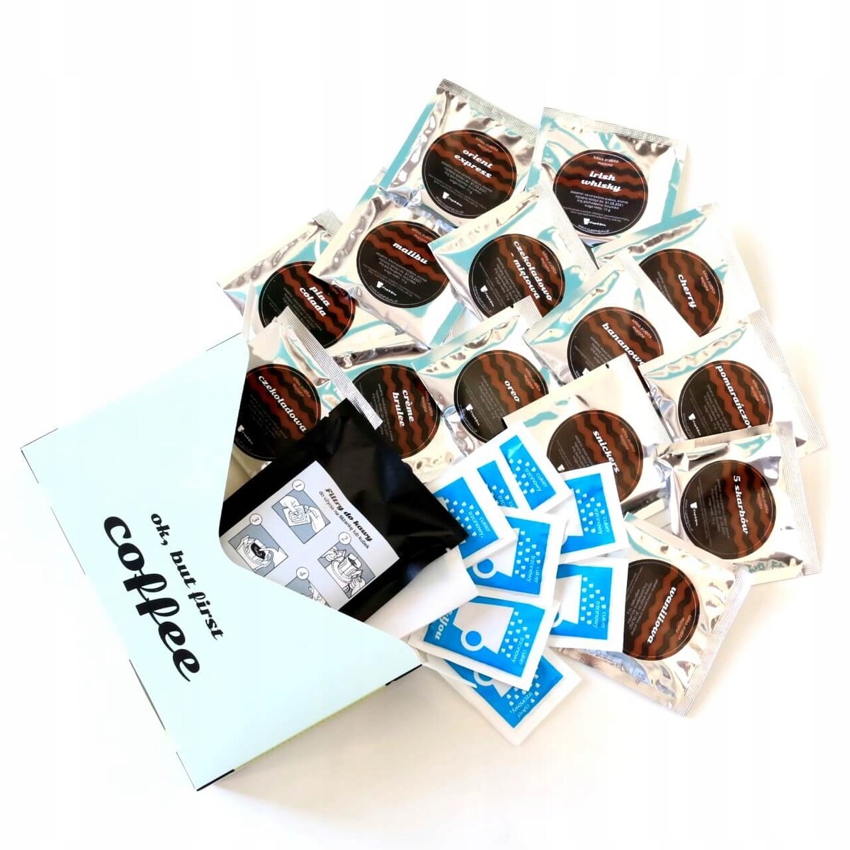 Zestaw mielonych kaw delikatesowych z filtrami gotowych do parzenia +cukier