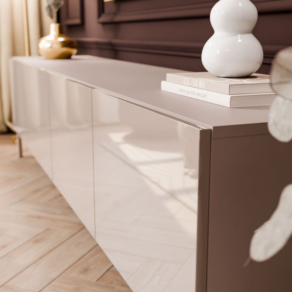 Szafka RTV COLGANTE 200 kaszmir wysoki połysk, oświetlenie LED, nóżki proste kaszmir