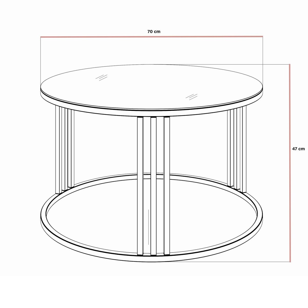 Okrągły stolik kawowy LORI GLASS z miedzianym stelażem, czarne szkło