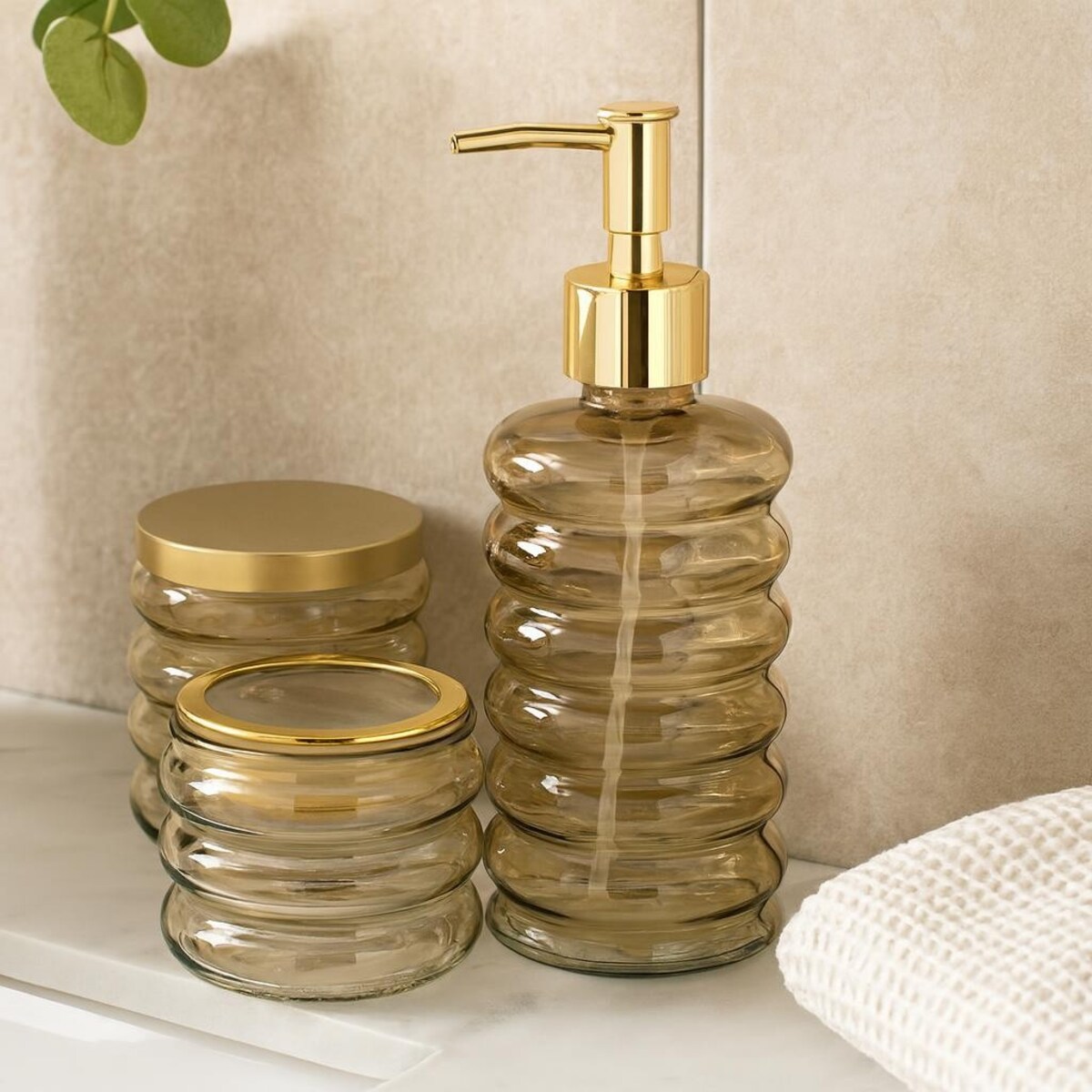 Zestaw łazienkowy szklany - dozownik, kubek i pojemnik 19x8,5 cm IMPOSTATO brzoskwiniowy