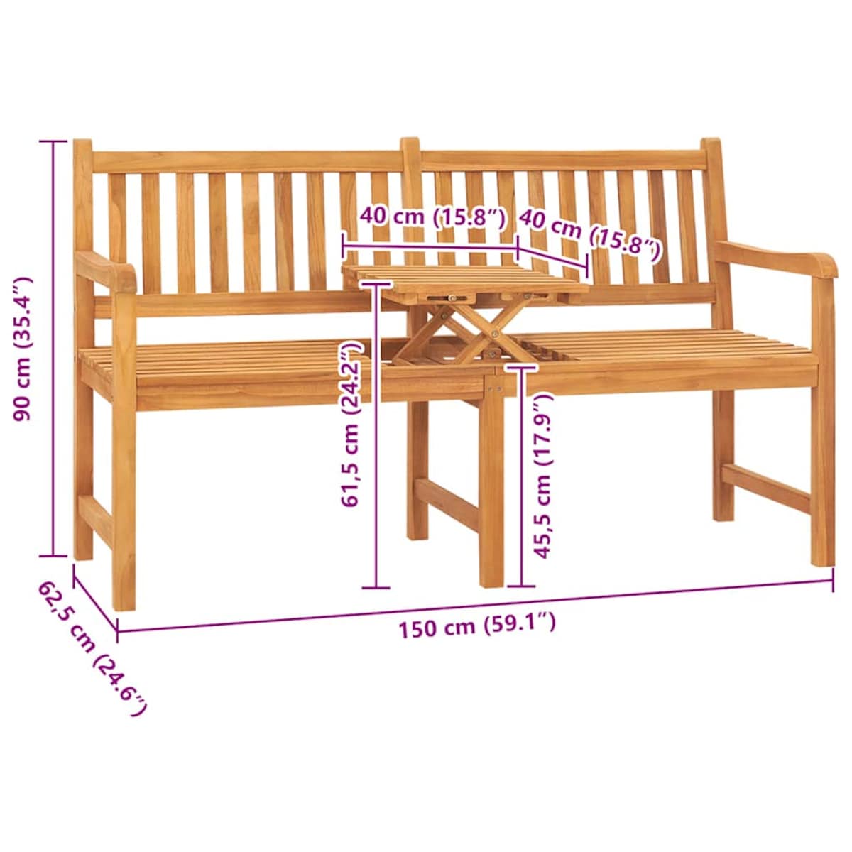vidaXL 3-osobowa ławka ogrodowa ze stolikiem, 150 cm, drewno tekowe