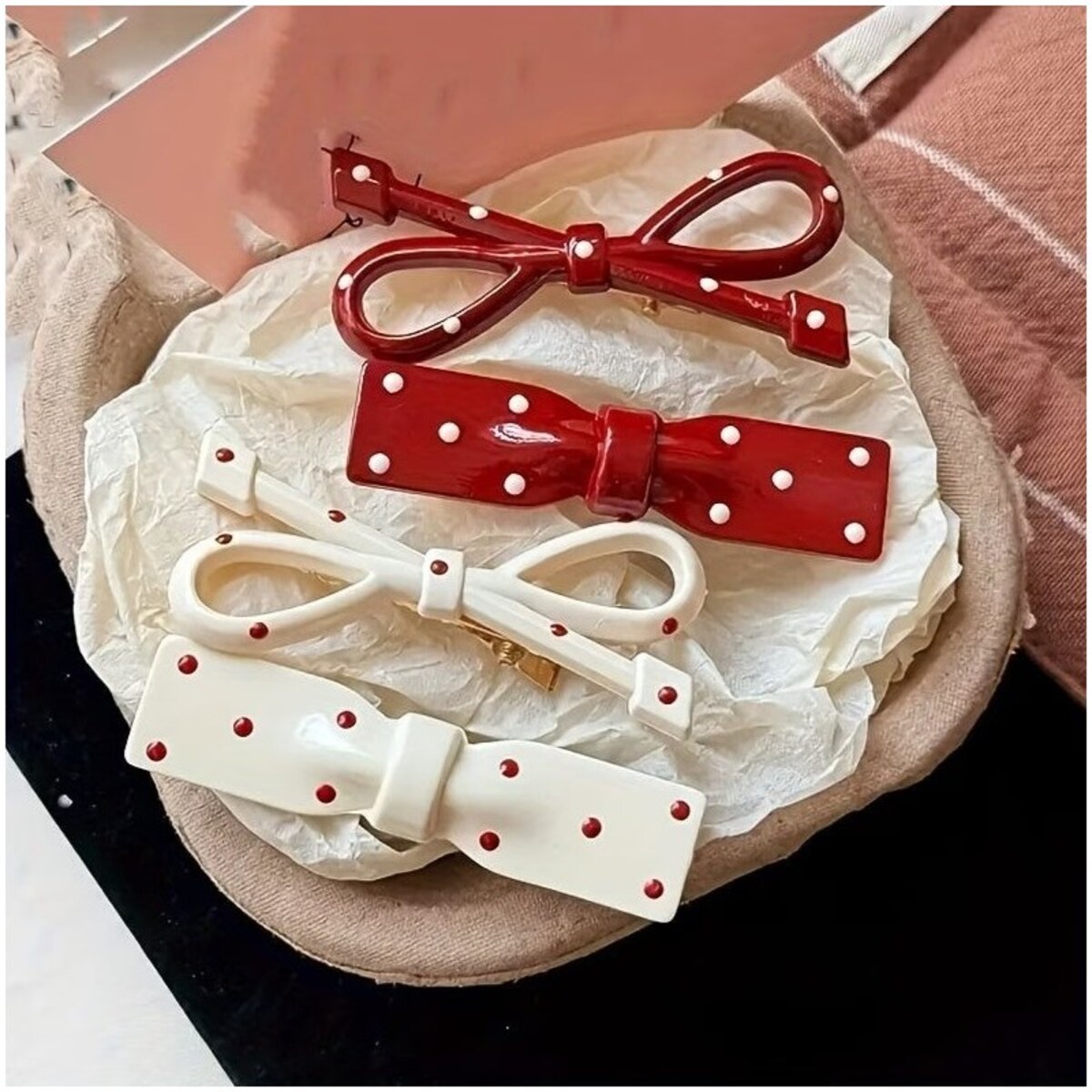 Zestaw pakiet 4w1 spinek wsuwek do włosów, KOKARDY czerwone białe kropki PINK SP452