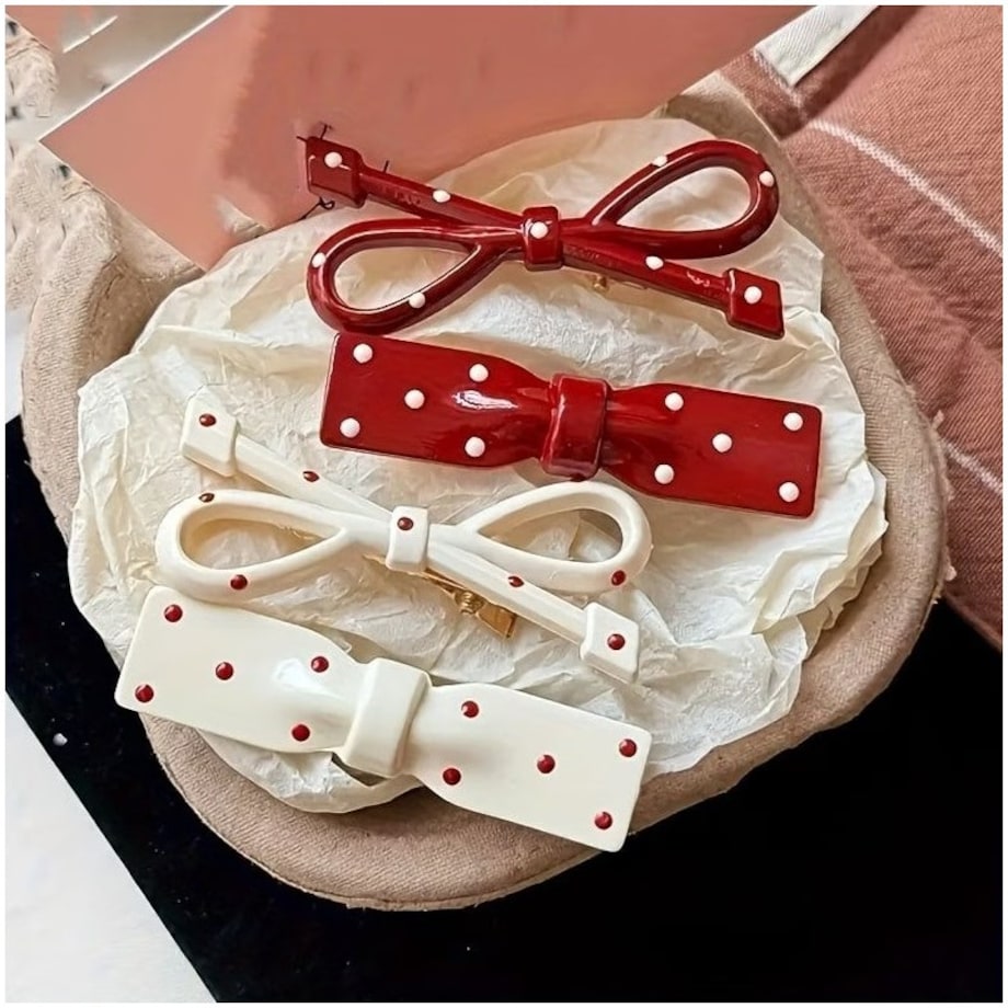 Zestaw pakiet 4w1 spinek wsuwek do włosów, KOKARDY czerwone białe kropki PINK SP452