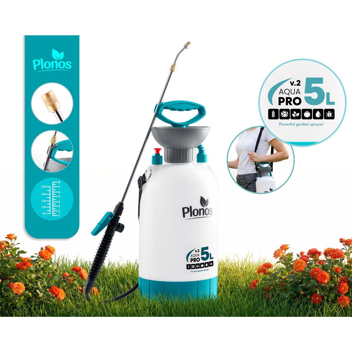 Opryskiwacz ciśnieniowy ręczny Plonos PL-605 ogrodowy 5l z regulowaną lanca dysza