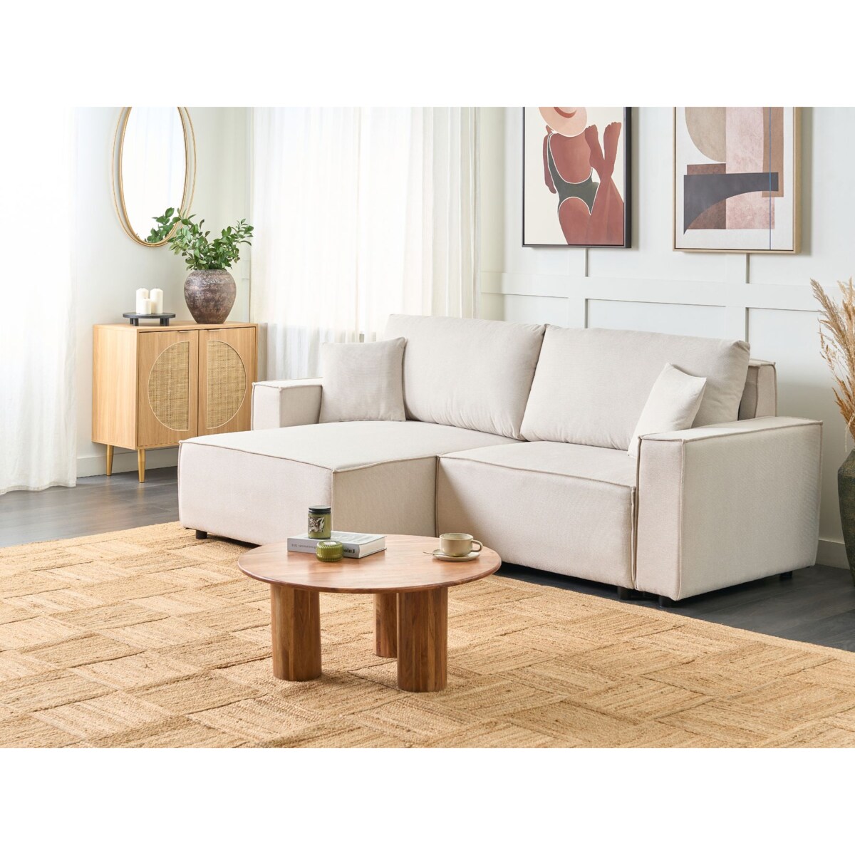 Sofa rozkładana dla 3 osób KARILA Jasnobeżowy ze schowkiem Prawostronny