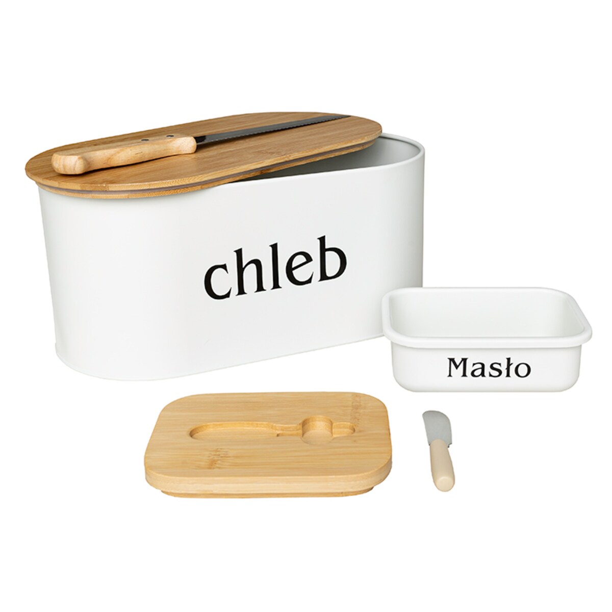 Zestaw chlebak z maselniczką i nożem deska do krojenia biały