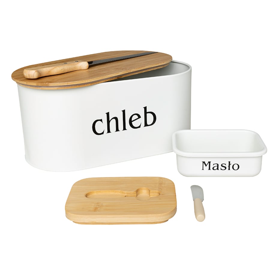 Zestaw chlebak z maselniczką i nożem deska do krojenia biały