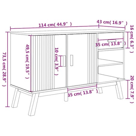vidaXL Komoda OLDEN, brązowa, 114x43x73,5 cm, lite drewno sosnowe