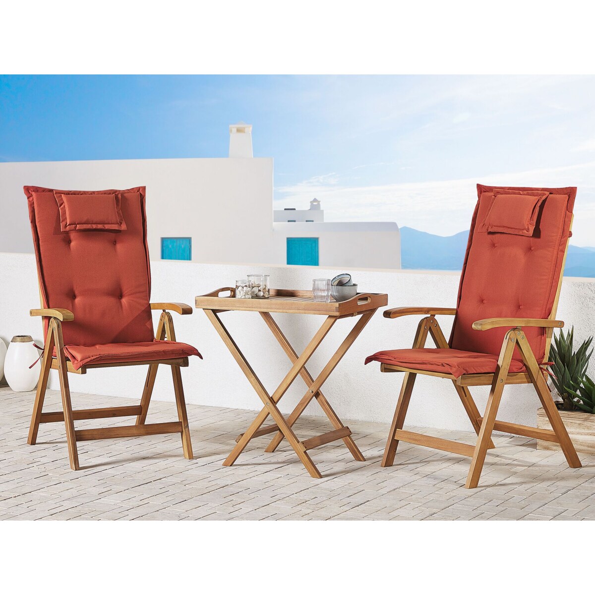 Zestaw mebli balkonowych drewno akacjowe z poduszkami czerwonymi JAVA