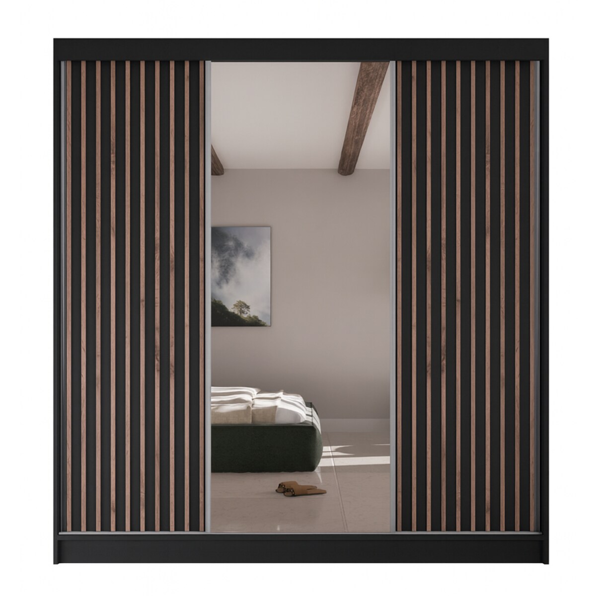 Szafa przesuwna lamele z lustrem i szufladami V200 do sypialni- czarna