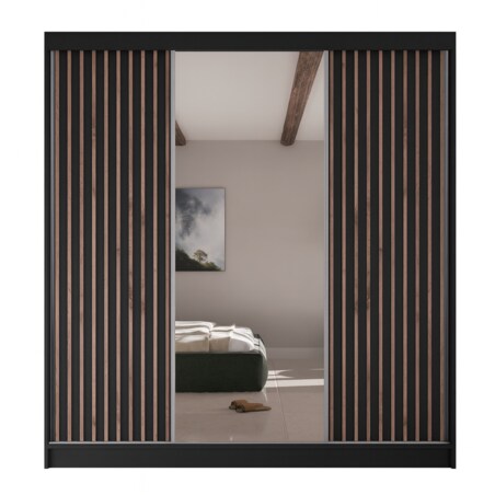 Szafa przesuwna lamele z lustrem i szufladami V200 do sypialni- czarna