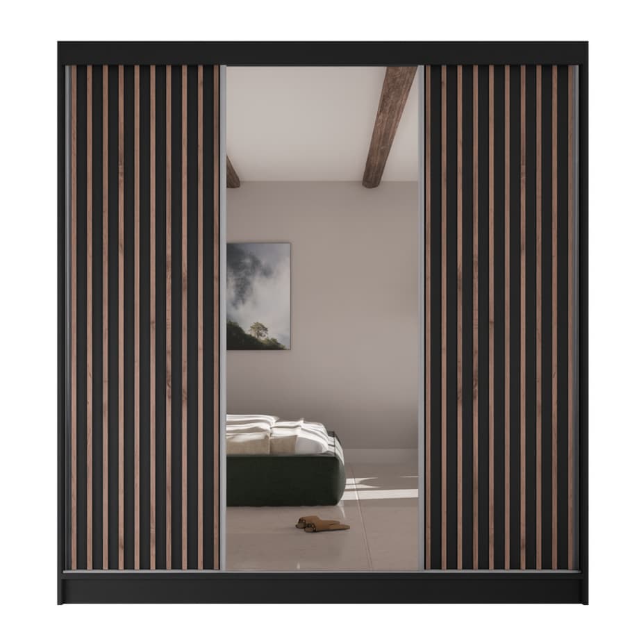 Szafa przesuwna lamele z lustrem i szufladami V200 do sypialni- czarna