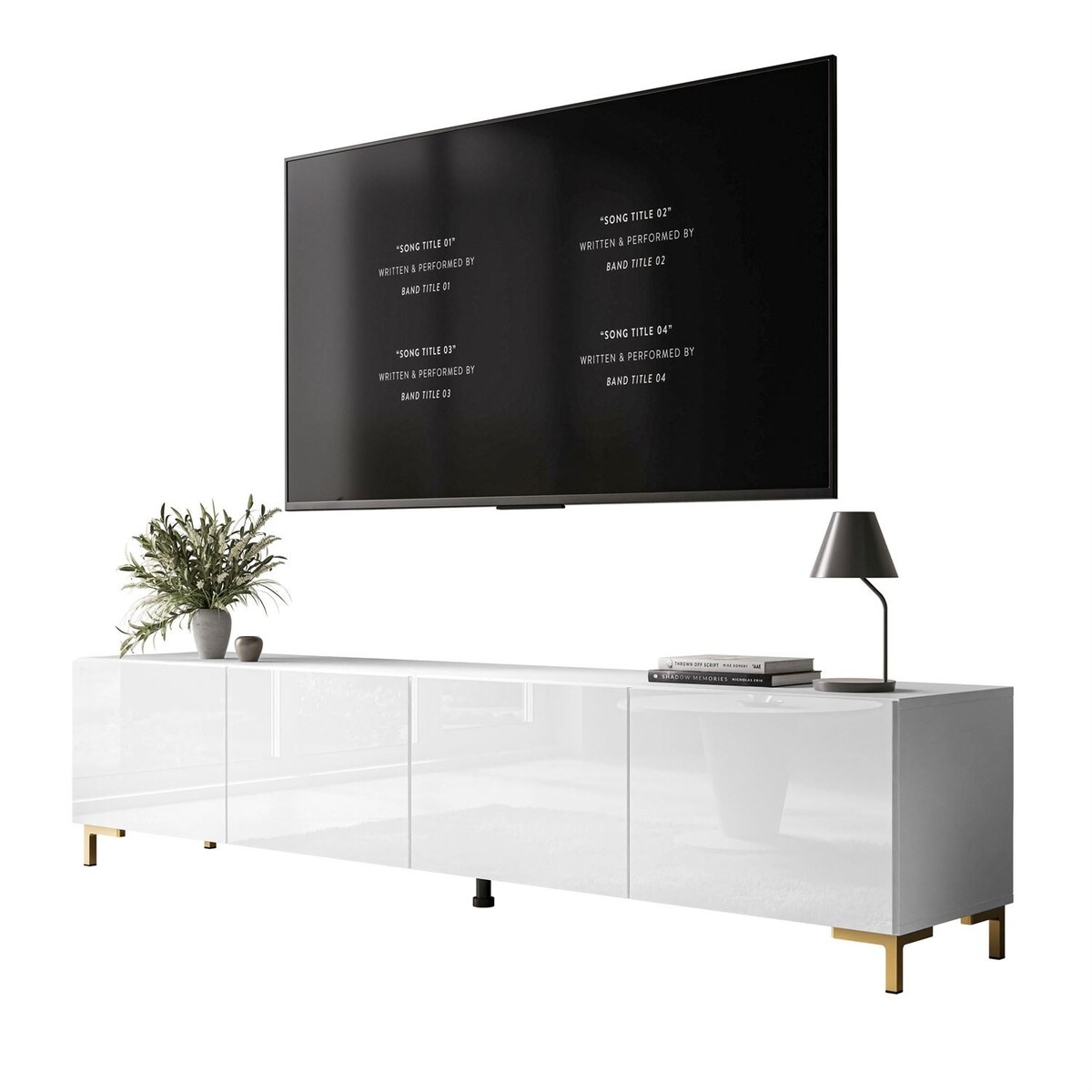 Szafka RTV COLGANTE 200 cm biały połysk nogi złote plastikowe