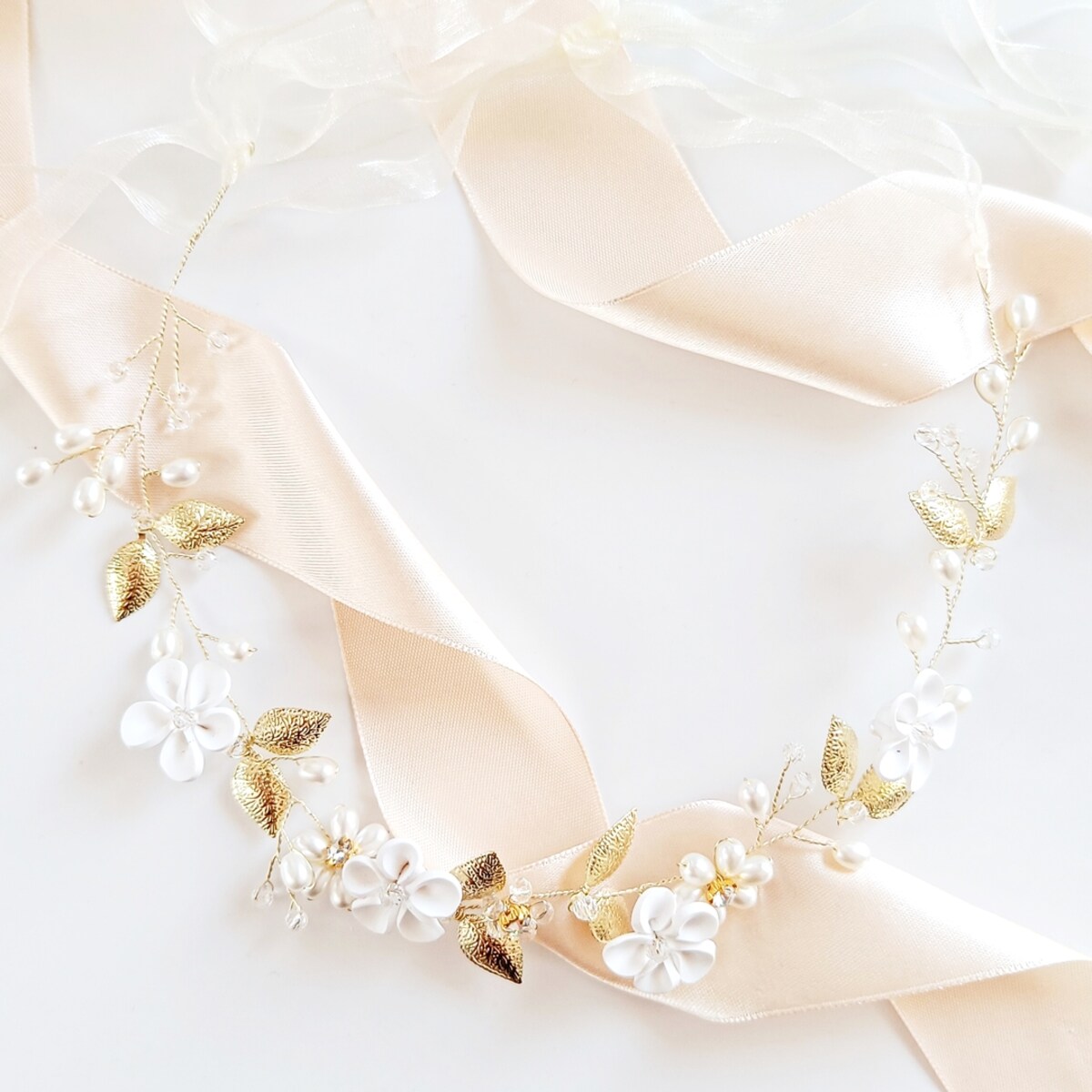 Wianek złoty z listkami na głowę PERŁY gałązka ozdobna fryzura rozpuszczona