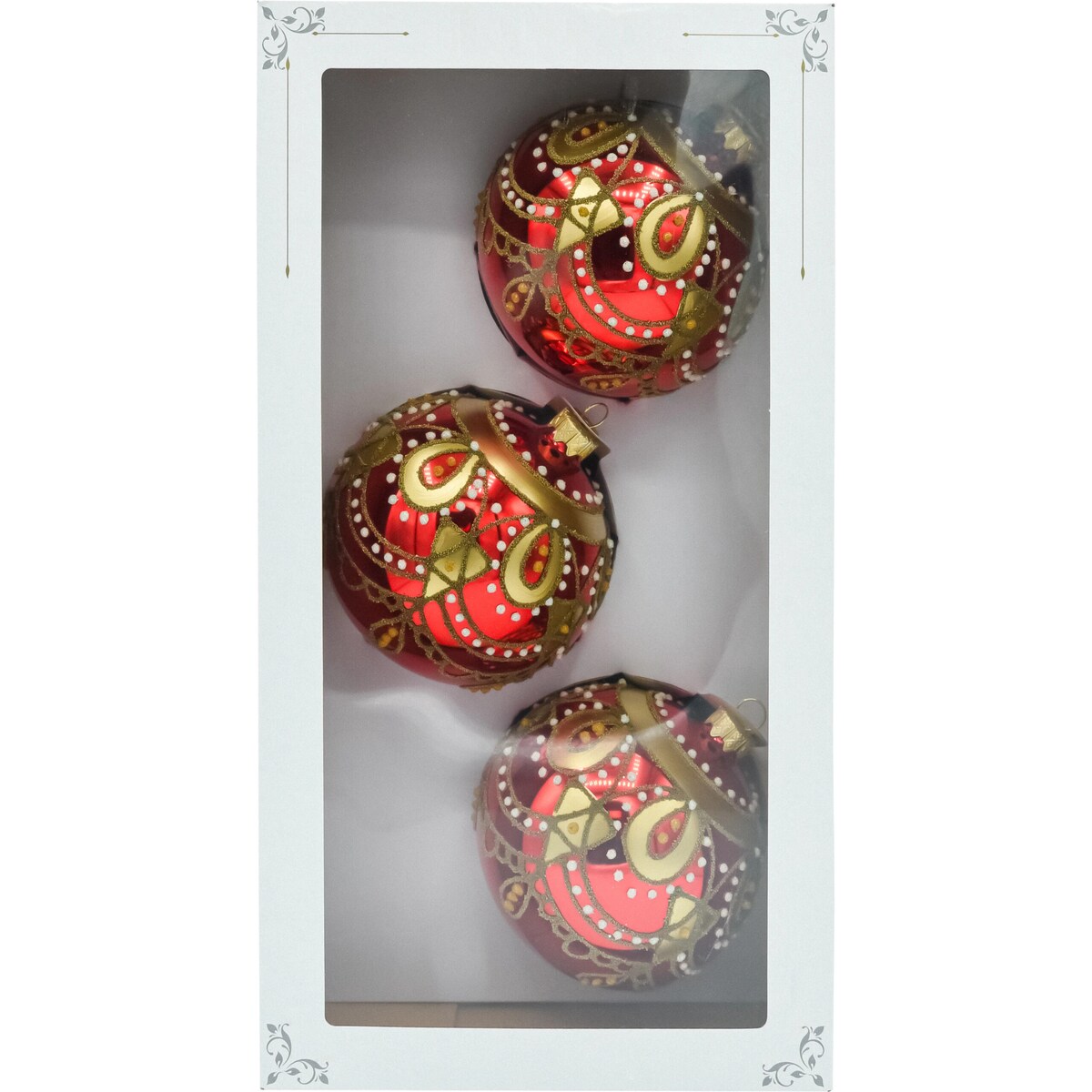 Bombki czerwone ze złotym ornamentem i kryształkami