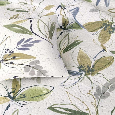 Narzuta pikowana biała Flori 170x210, zielone liście, drukowana