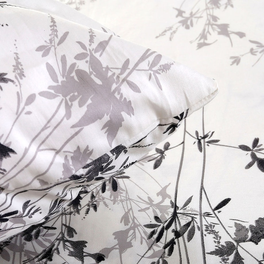 Pościel satyna bawełniana 180x200 Noira biała z czarnym i szarym botanicznym wzorem, Satynlove