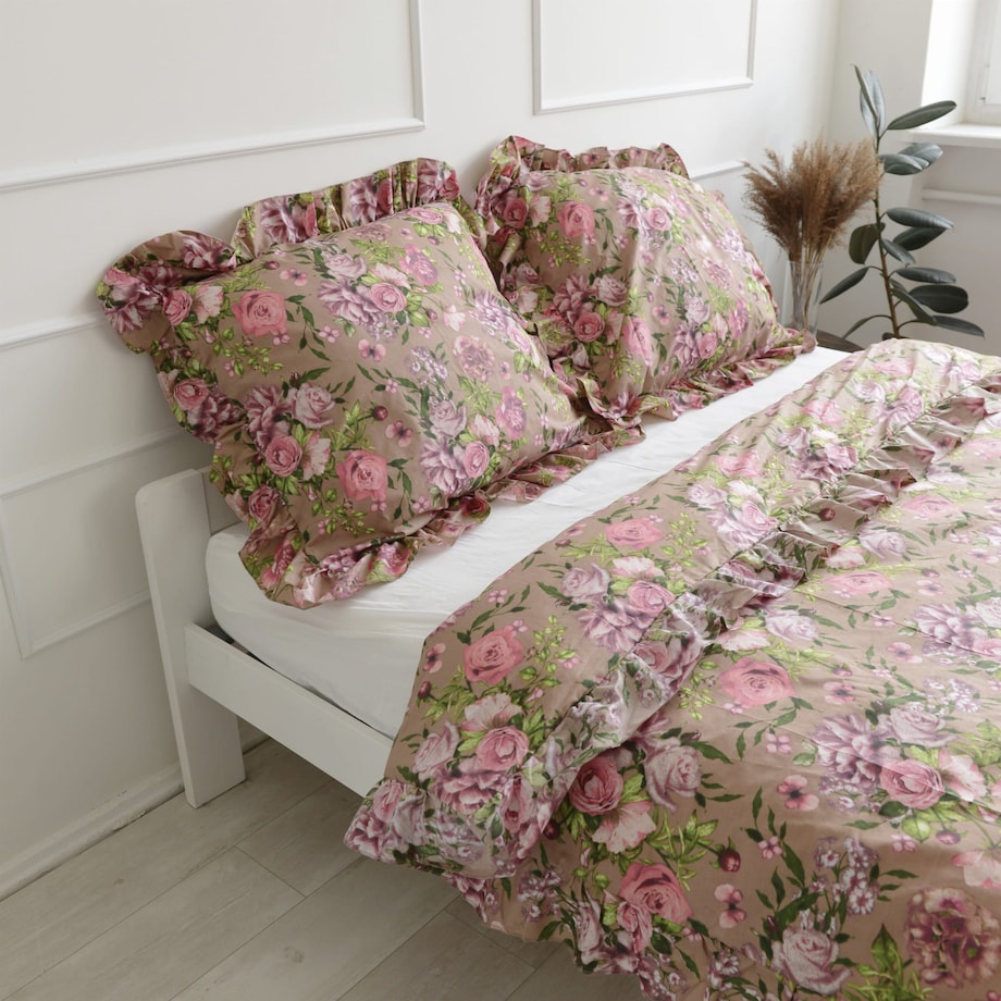Poszewka Pościel Na Poduszkę Z Ozdobną Falbanką 70X80 Cm Różowe Kwiaty