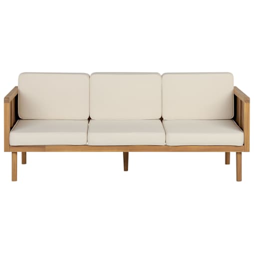 Sofa trzyosobowa z drewna akacjowego z białymi poduszkami BARATTI