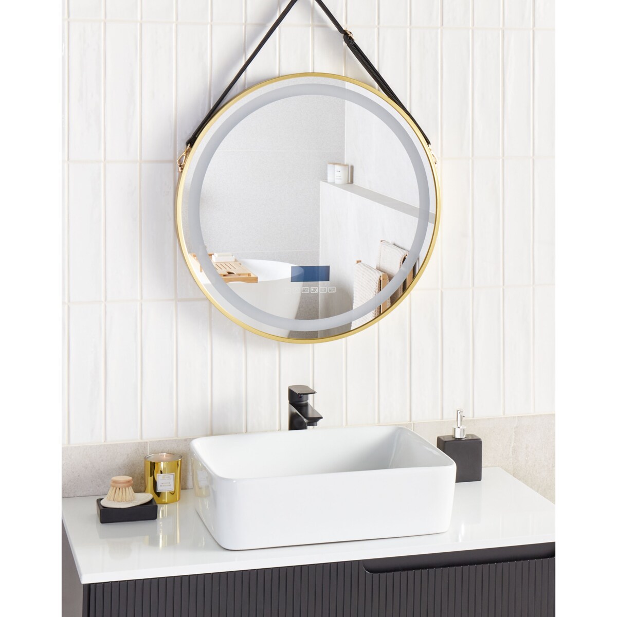 Lustro łazienkowe LED DAROIS 60 cm 60 cm Wbudowany głośnik Bluetooth Złoty