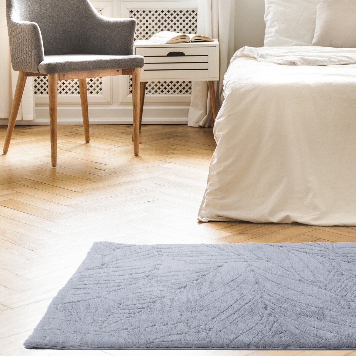 Dywan pluszowy Botanic Liście 80x150 cm e-floor Liście OEKO-TEX szary