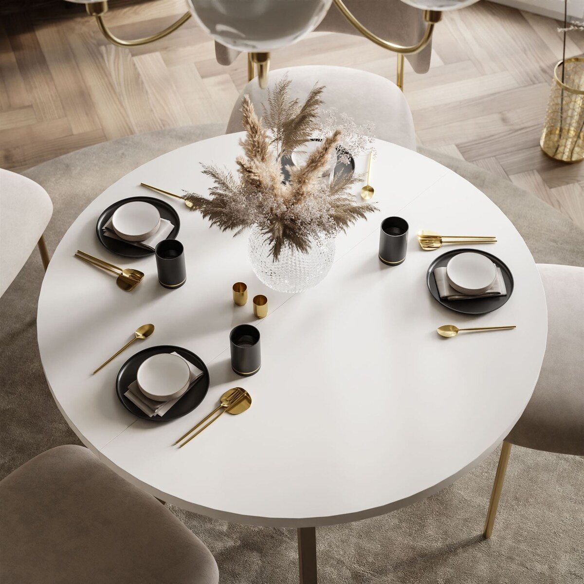 Okrągły stół rozkładany VOLTA MATT, nogi kaszmir, blat biały