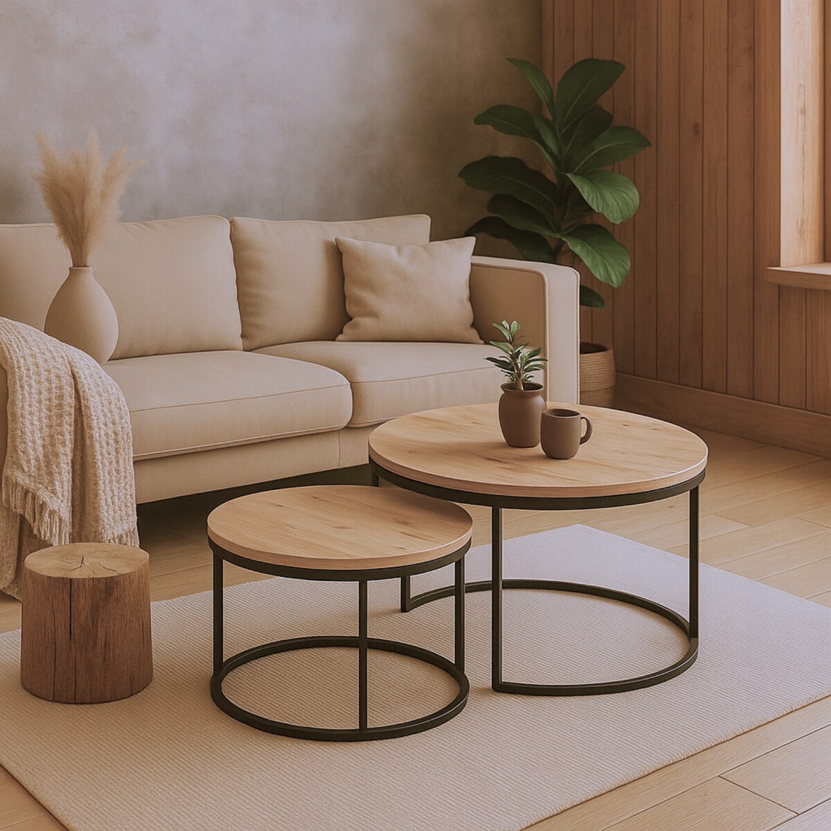 Stolik Kawowy DĄB ARTISAN Loft Okrągły Zestaw 2w1 Czarne Nogi SOFT LOFT SET