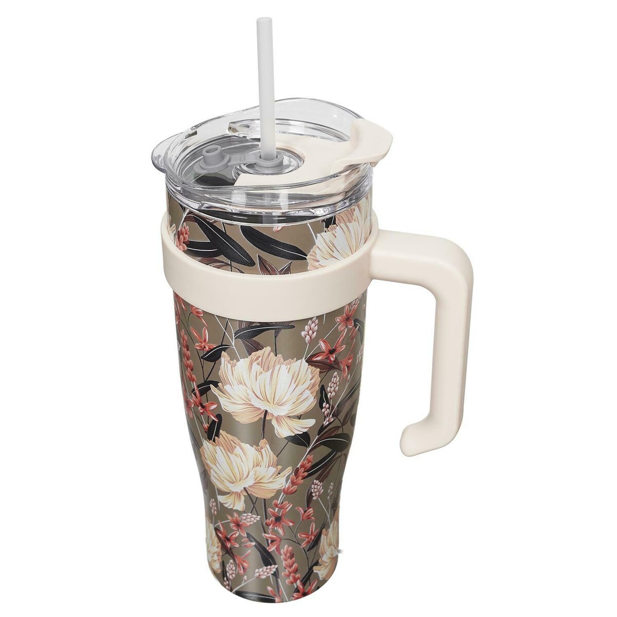 KUBEK TERMICZNY z uchwytem Fleur 1,2L beżowy ZE SŁOMKĄ