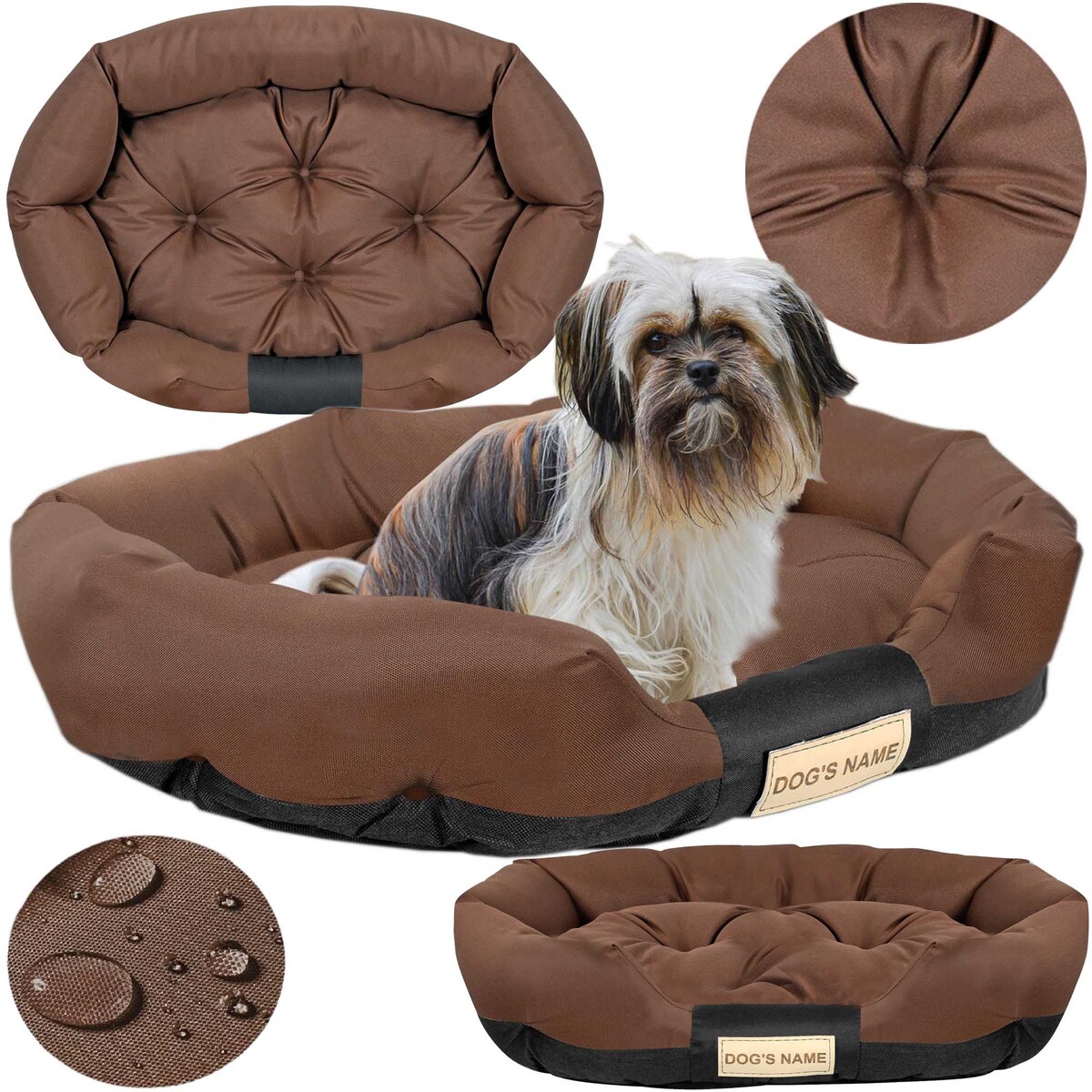 Legowisko Dla Psa 100X75 Cm Z Miejscem Na Imię Wodoodporne Owalne Wygodne Brązowe